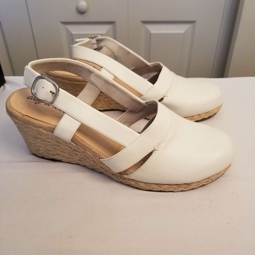 Easy Street Womens White Espadrille Wedge Sandals Round Toe Ankle Strap 11